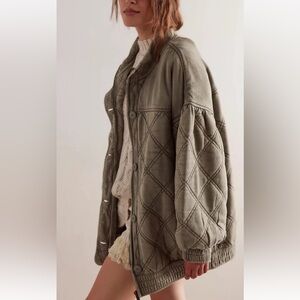 Free People Juno Jacket Quilted Oversized Bomber Button Zipper Laurel Oak